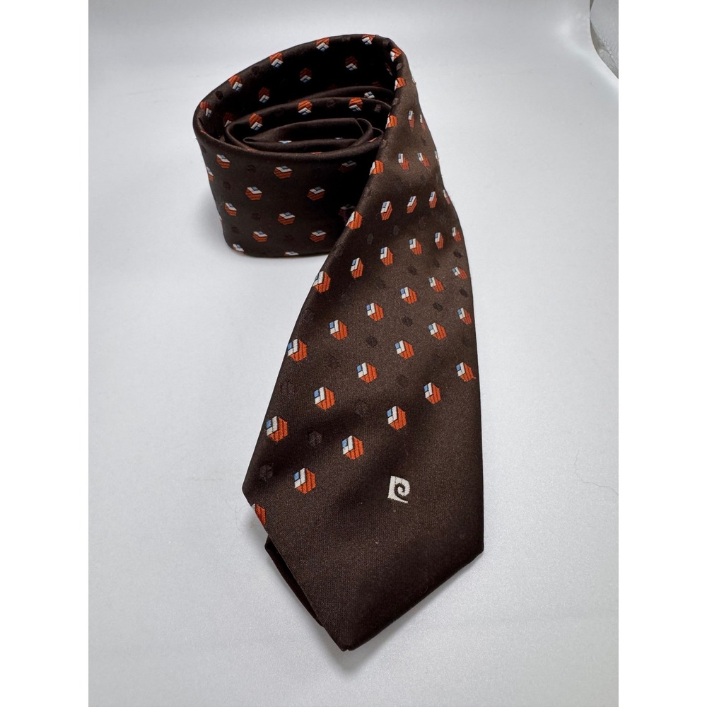 Pierre Cardin Vintage Necktie Brown Geometric Cube Pattern Polyester Paris NY